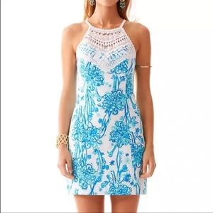 Lilly Pulitzer Blue & White Ostrich Pearl Lace Sleeveless Tank Dress Size 00